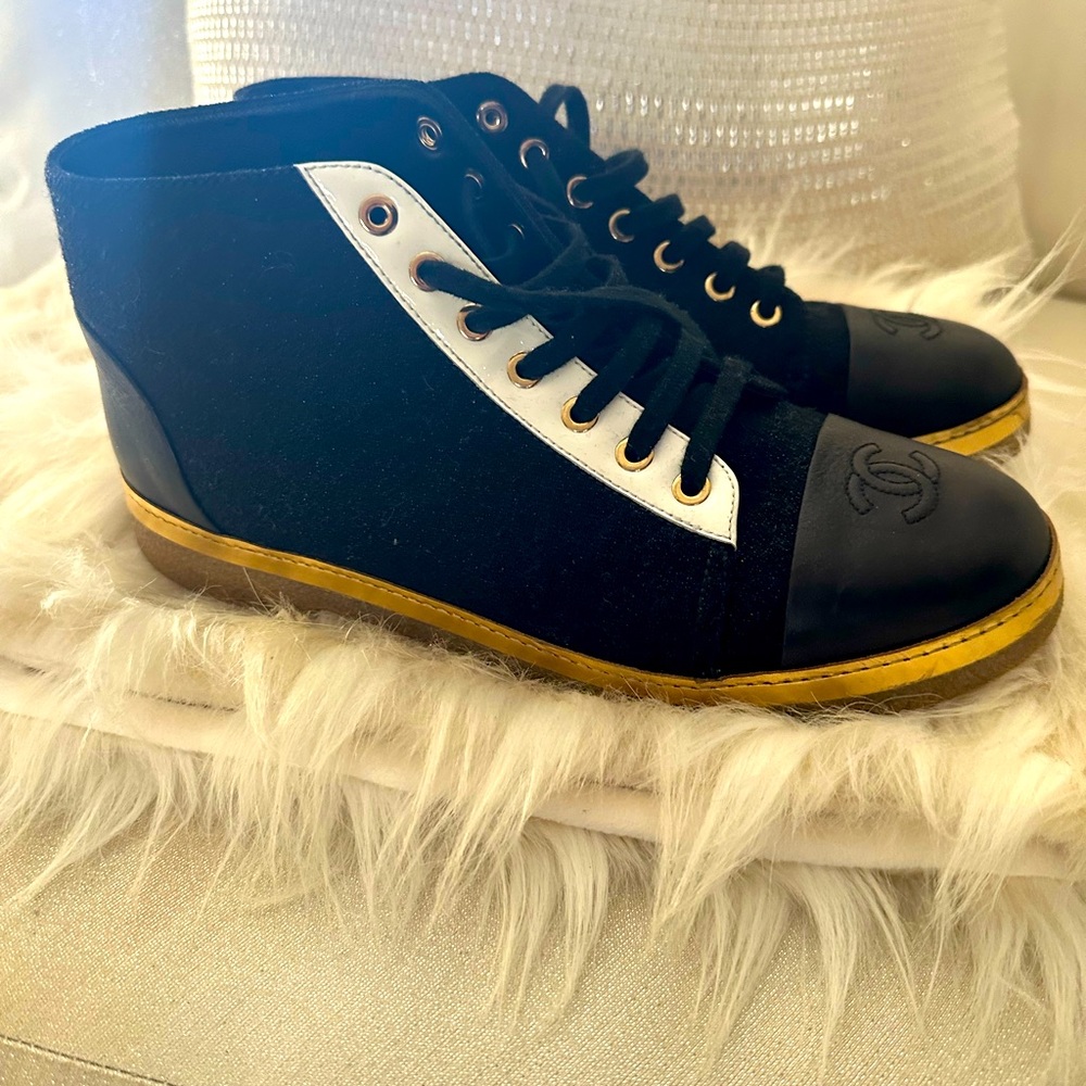 Chanel black, white and gold light glitter booties